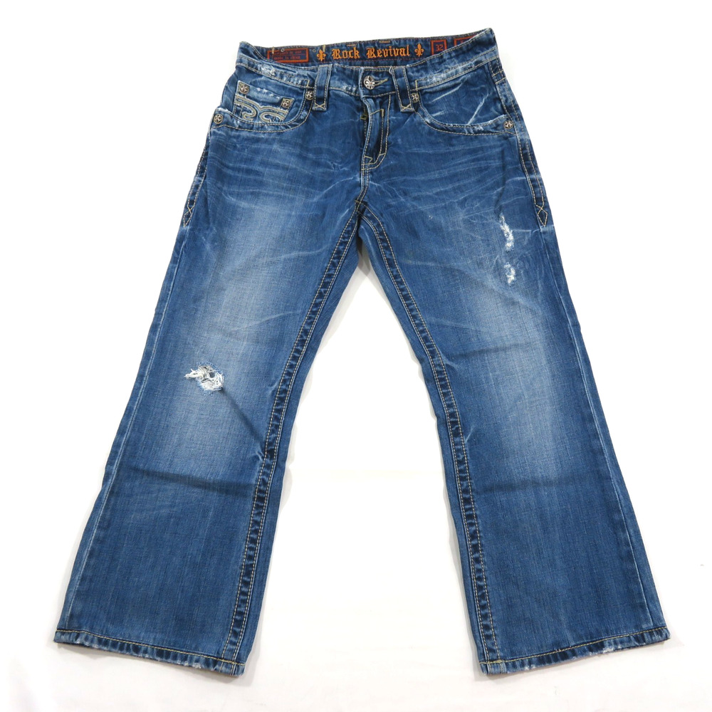 Rock Revival Jeans Roger Boot Cut Fluer de Lis Mid Dark Blue Wash 32 Meas 32x28
